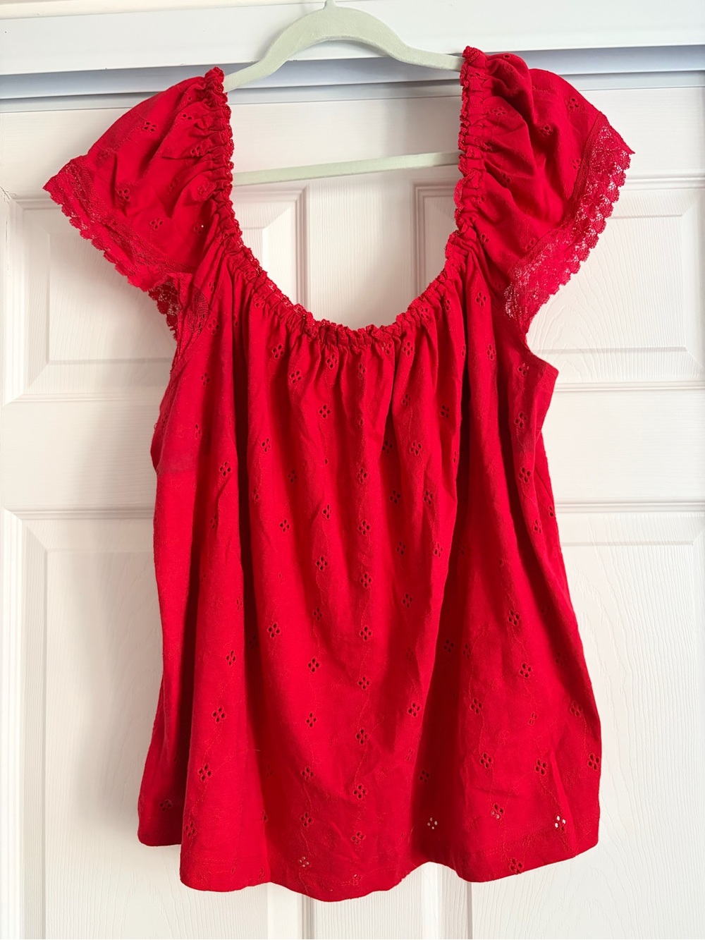 Anthro Women’s Red Eyelet Peasant Top - Casual Summer Blouse